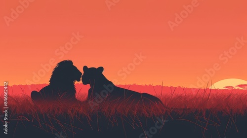 Silhouette of a lion and lioness at sunset in the African savanna.