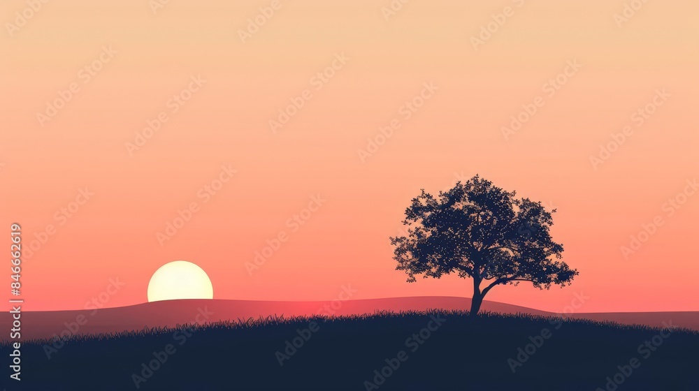 Obraz premium Silhouette of a lone tree against a vibrant sunset sky.