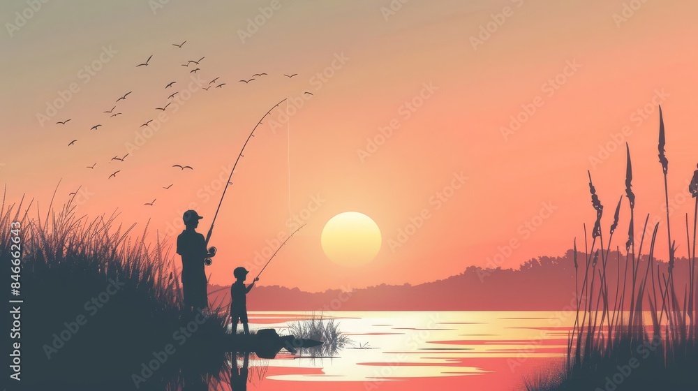 Silhouette of father and son fishing at sunset by the lake. Silhouette of father and son fishing at sunset by the lake.
