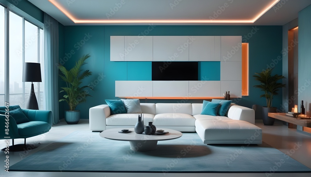 High end modern living room with white leather couch and a large flat screen tv mounted on the wall, brutalist architecture mixed with modern futuristic minimal design High end modern living room with white leather couch and a large flat screen tv mounted on the wall, brutalist architecture mixed with modern futuristic minimal design