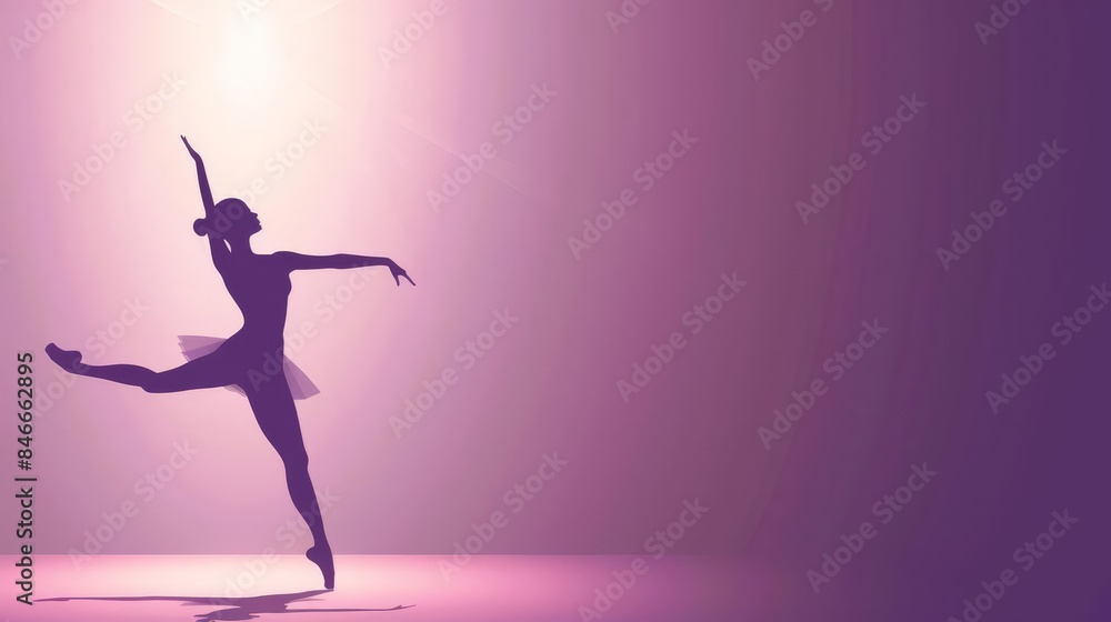 Silhouette of a ballerina in a spotlight, graceful pose, purple background. Silhouette of a ballerina in a spotlight, graceful pose, purple background.