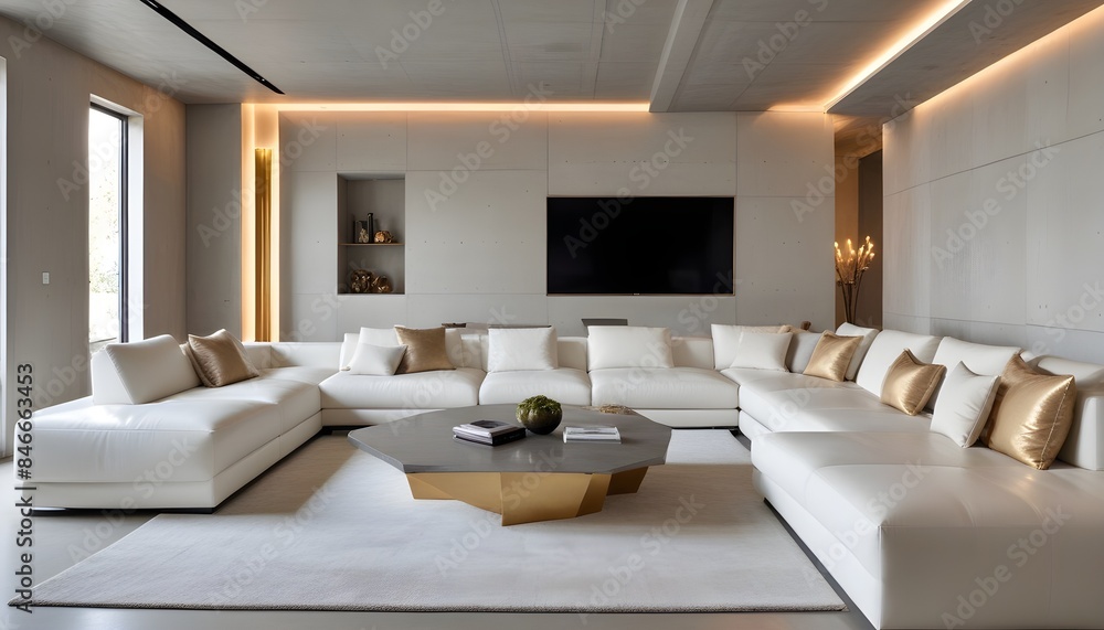 Fototapeta premium High end modern living room with white leather couch and a large flat screen tv mounted on the wall, brutalist architecture mixed with modern futuristic minimal design