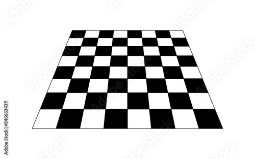 Empty chessboard plane angled in perspective. Tiled floor point of view. Sloped checkerboard texture. Inclined board with black and white checkered print. Vector graphic illustration