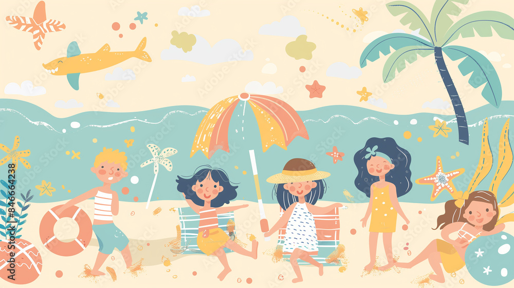 Illustration of kids playing on the beach Illustration of kids playing on the beach