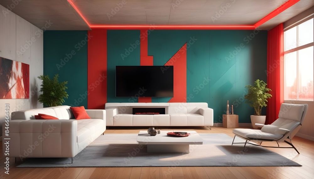High end modern living room with white leather couch and a large flat screen tv mounted on the wall, brutalist architecture mixed with modern futuristic minimal design High end modern living room with white leather couch and a large flat screen tv mounted on the wall, brutalist architecture mixed with modern futuristic minimal design
