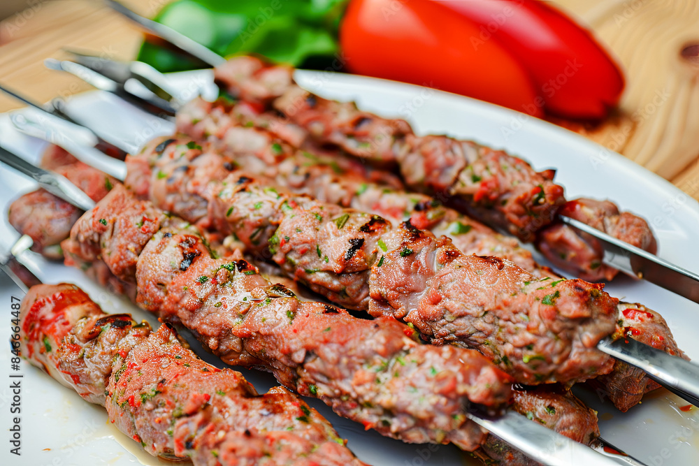 Adana kebab spicy delicious meat baked on coals served on the table, close-up on juicy meat, popular barbecue dish Adana kebab spicy delicious meat baked on coals served on the table, close-up on juicy meat, popular barbecue dish
