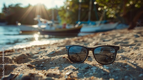 Wallpaper Mural Sunglasses rest on a sandy beach with boats in the background. The sun sets over the horizon, casting a warm glow and creating a serene, tranquil atmosphere. Torontodigital.ca
