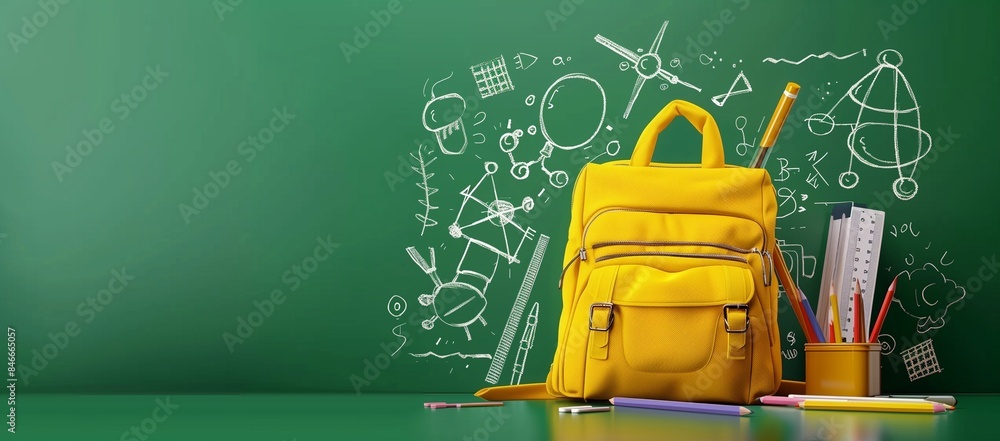 School sale banner template with yellow backpack and doodles on green. School sale banner template with yellow backpack and doodles on green.