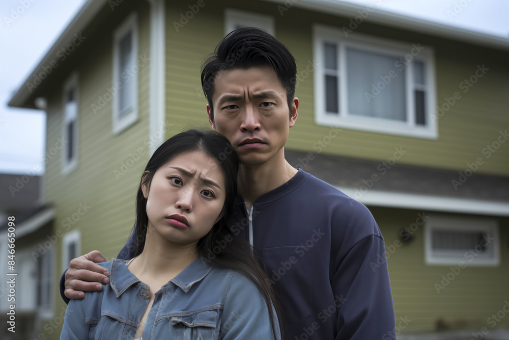 Portrait of a Unhappy Worried Sad Couple Standing on a Suburban Street with Overcast Sky, Highlighting Emotional Distress and Suburban Life Portrait of a Unhappy Worried Sad Couple Standing on a Suburban Street with Overcast Sky, Highlighting Emotional Distress and Suburban Life
