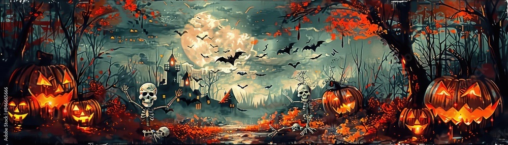 Spooky Halloween night with pumpkins, bats, and a haunted house under a full moon, surrounded by eerie red and black forest. Spooky Halloween night with pumpkins, bats, and a haunted house under a full moon, surrounded by eerie red and black forest.