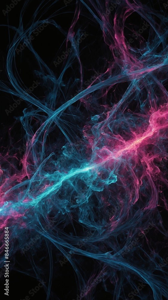 Fototapeta premium Dynamic interplay of vibrant pink, tranquil blue hues forms abstract image. This image resembles intertwined smoke, neural pathways, creating visually striking contrast.