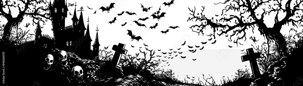 Naklejka premium Spooky Halloween scene with bats flying over haunted house and graveyard with tombstones and skeletons, perfect for horror-themed designs.
