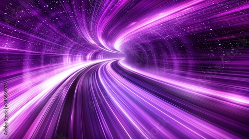Lightspeed. Curve streak trail line. Fast light speed line. Long purple way effect. Glowing exposure. Blurred motion. Sparkling flow. abstract dynamic dark background