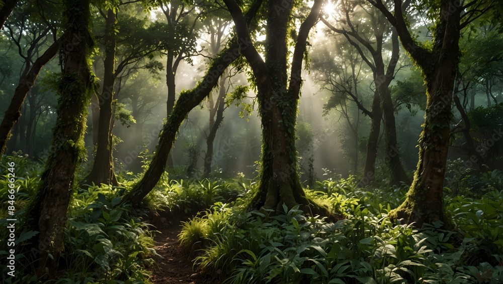 Naklejka premium A magical realm where sentient greenery holds the key to restoring balance in nature ai_generated