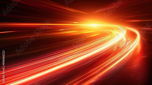 Lightspeed. Curve streak trail line. Fast light speed line. Long red way effect. Glowing exposure. Blurred motion. Sparkling flow. abstract dynamic dark background