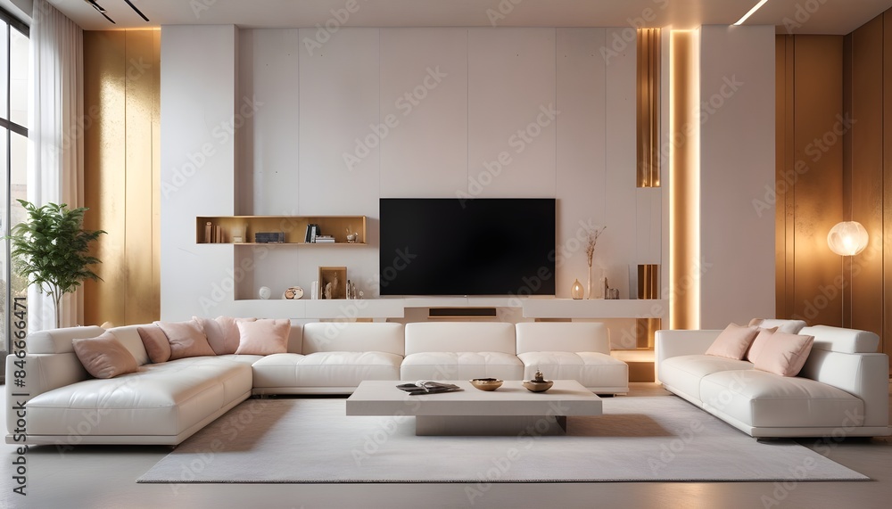 High end modern living room with white leather couch and a large flat screen tv mounted on the wall, brutalist architecture mixed with modern futuristic minimal design High end modern living room with white leather couch and a large flat screen tv mounted on the wall, brutalist architecture mixed with modern futuristic minimal design