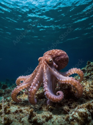 Solitary octopus captured mid-motion on ocean floor, its bulbous head, sprawling tentacles highlighted against dimly lit water. Creatures skin exhibits textured appearance. © Tamazina
