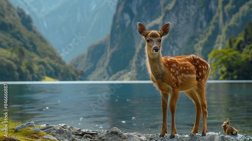 Φωτογραφία A deer stands in front of a body of water