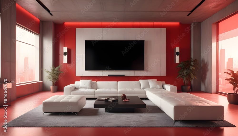 High end modern living room with white leather couch and a large flat screen tv mounted on the wall, brutalist architecture mixed with modern futuristic minimal design High end modern living room with white leather couch and a large flat screen tv mounted on the wall, brutalist architecture mixed with modern futuristic minimal design