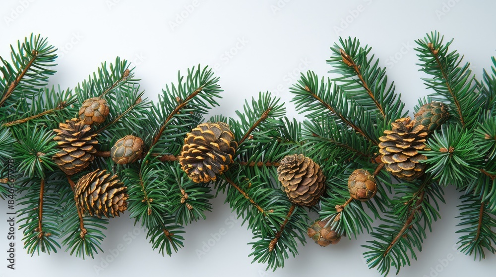 Christmas background with pine branches, white background, christmas foliage and cone branches Christmas background with pine branches, white background, christmas foliage and cone branches