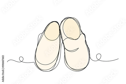 Slippers Line Art Illustration. Minimalist Outline Design. Cozy Footwear Sketch. Black And White Drawing.
