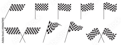Set of race flags with chequered black and white print. Start or finish symbols on sport car competitions. Rally or motocross props. Victory, trophy or success signs. Vector graphic illustration