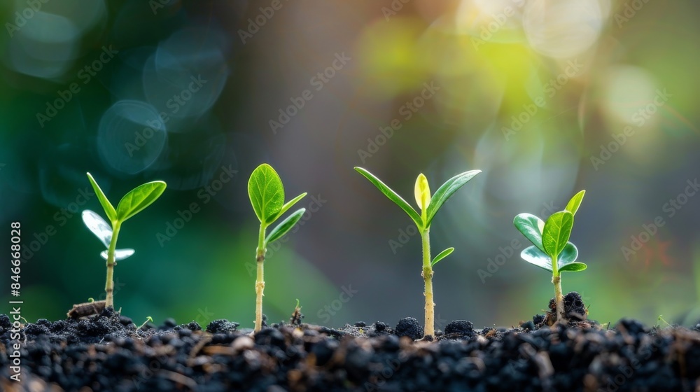 Four young seedlings sprout from rich, dark soil under bright sunlight. The background is a vibrant blur of green, emphasizing the fresh and thriving growth in a natural, outdoor setting. Four young seedlings sprout from rich, dark soil under bright sunlight. The background is a vibrant blur of green, emphasizing the fresh and thriving growth in a natural, outdoor setting.