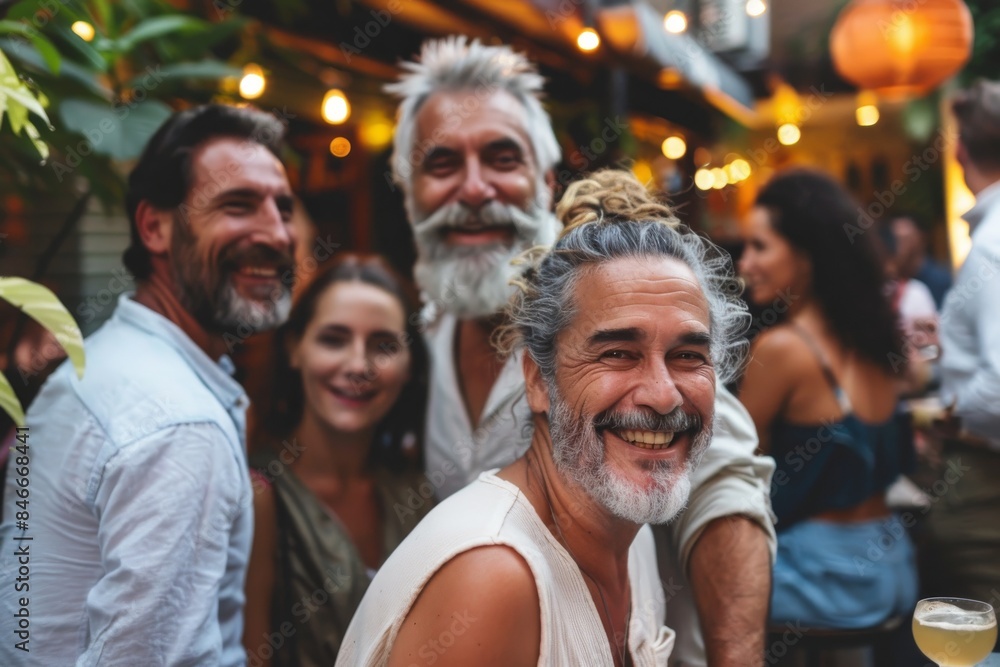 Group of friends having fun together at a rooftop party. Cheerful senior man smiling and having fun with his friends. Group of friends having fun together at a rooftop party. Cheerful senior man smiling and having fun with his friends.