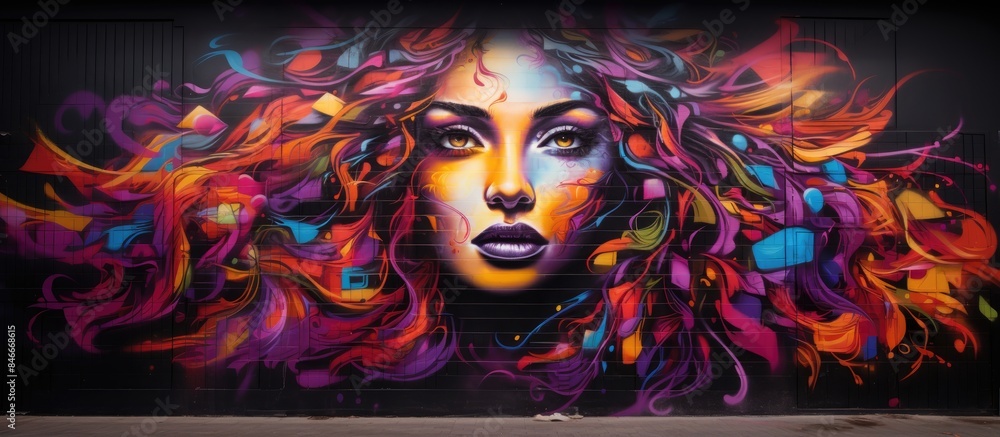 A stylish, abstract picture decorates the wall in a beautiful street art graffiti style, representing modern urban culture with a copy space image. A stylish, abstract picture decorates the wall in a beautiful street art graffiti style, representing modern urban culture with a copy space image.