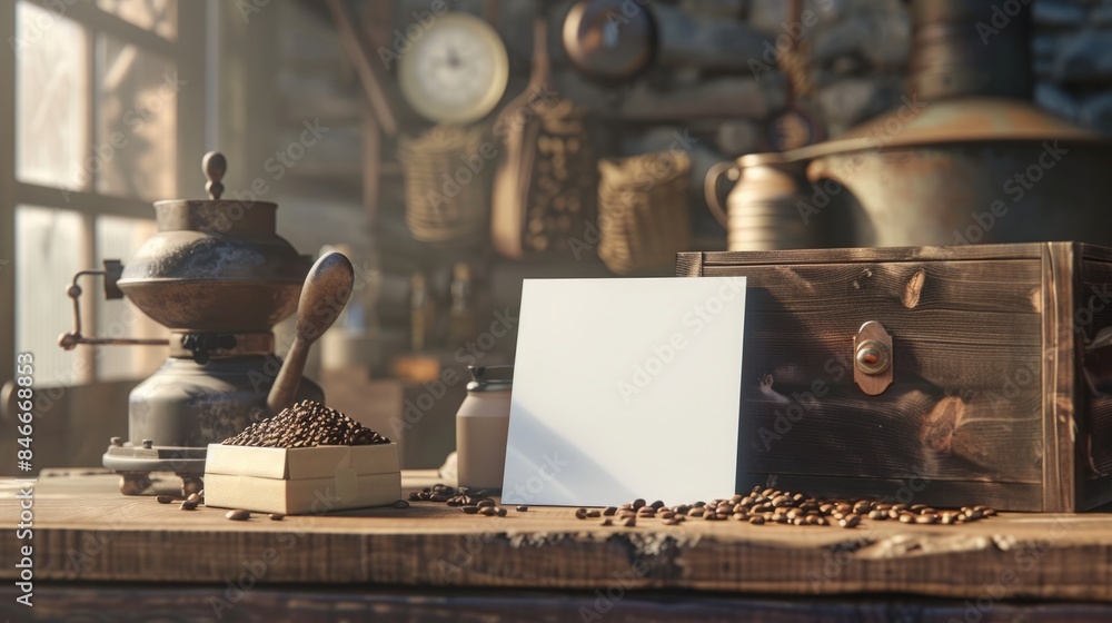 Artisan Coffee Roaster's Workspace Blank Business Cards Coffee Beans and Manual Grinder Artisan Coffee Roaster's Workspace Blank Business Cards Coffee Beans and Manual Grinder