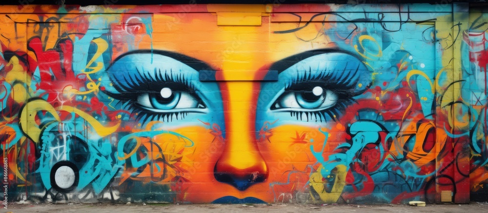 Obraz premium Colorful graffiti drawing on an old wall painted with aerosol paints, providing a background theme of street art with copy space image.