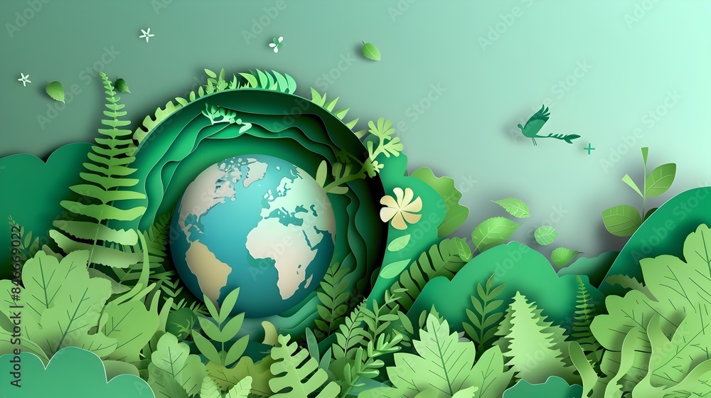 Lush Green Earth with Thriving Plants and Trees in Minimal Paper Cut Lush Green Earth with Thriving Plants and Trees in Minimal Paper Cut