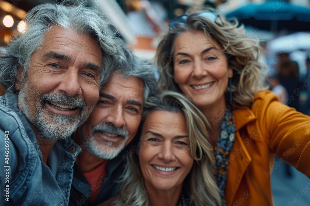 Group of senior friends taking a selfie with mobile phone in a shopping center Group of senior friends taking a selfie with mobile phone in a shopping center