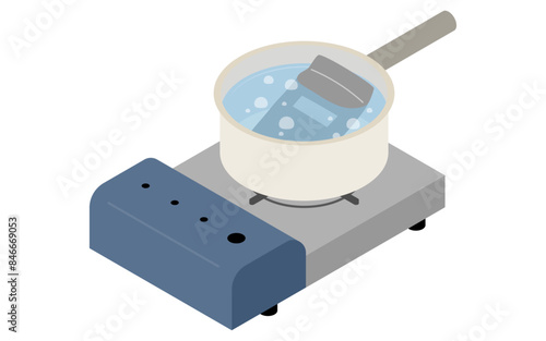 カセットコンロでレトルトパウチを温めるイラスト