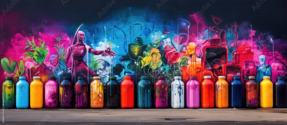 Fototapeta premium Vivid spray bottles displayed alongside captivating street art, with a backdrop perfect for a copy space image.