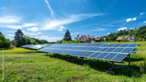 Solar Panels on Green Field with Blue Sky, Generative AI photo