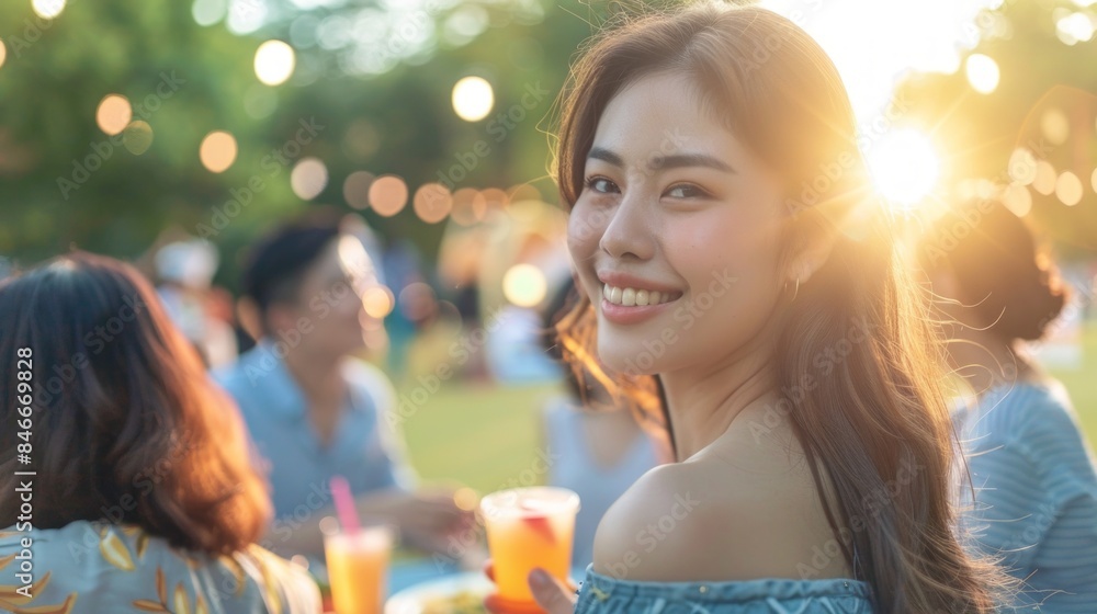 A woman is smiling and sitting at a table with other people A woman is smiling and sitting at a table with other people