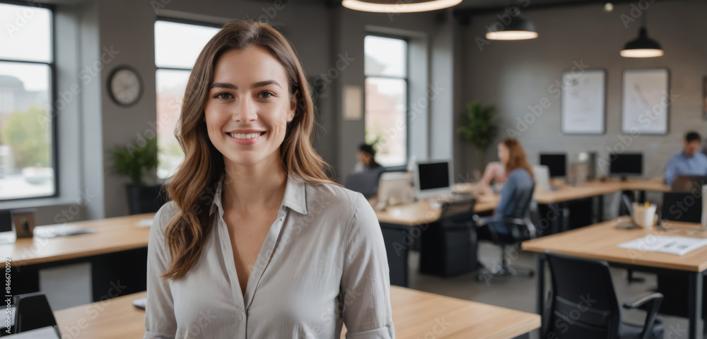 Smiling businesswoman in a modern office setting with colleagues working in the background. Ideal for business, corporate promotional materials, teamwork, and productivity themes. Smiling businesswoman in a modern office setting with colleagues working in the background. Ideal for business, corporate promotional materials, teamwork, and productivity themes.