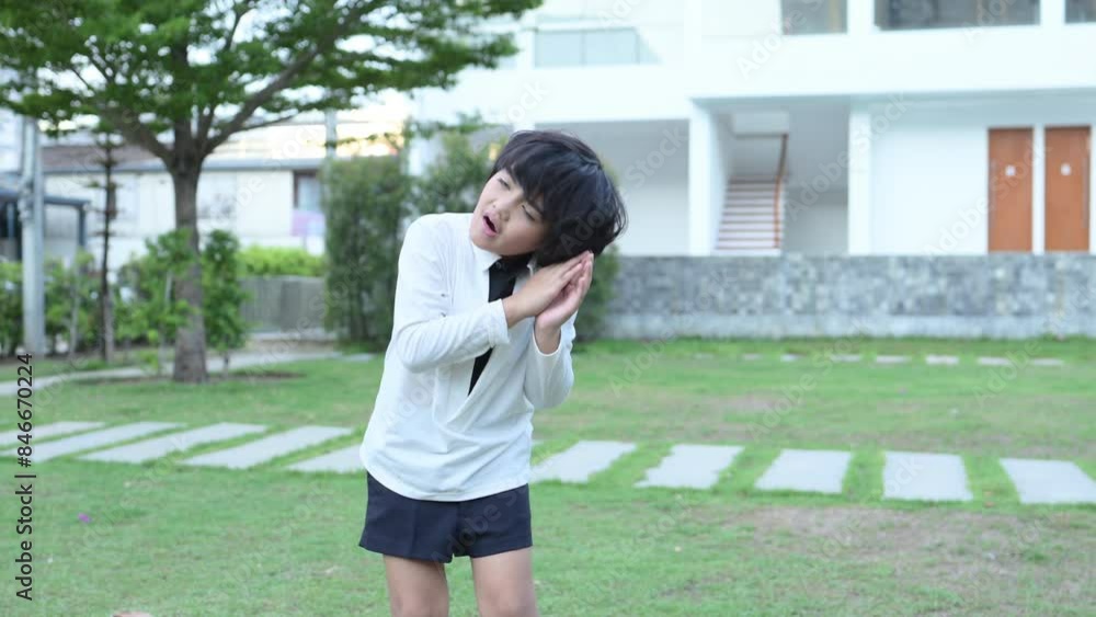 In the garden of school, The teacher and students sing together, and the boys dance happily. In the garden of school, The teacher and students sing together, and the boys dance happily.