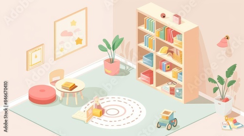 Cozy nursery interior with bookshelf, toys, and a child reading a book.