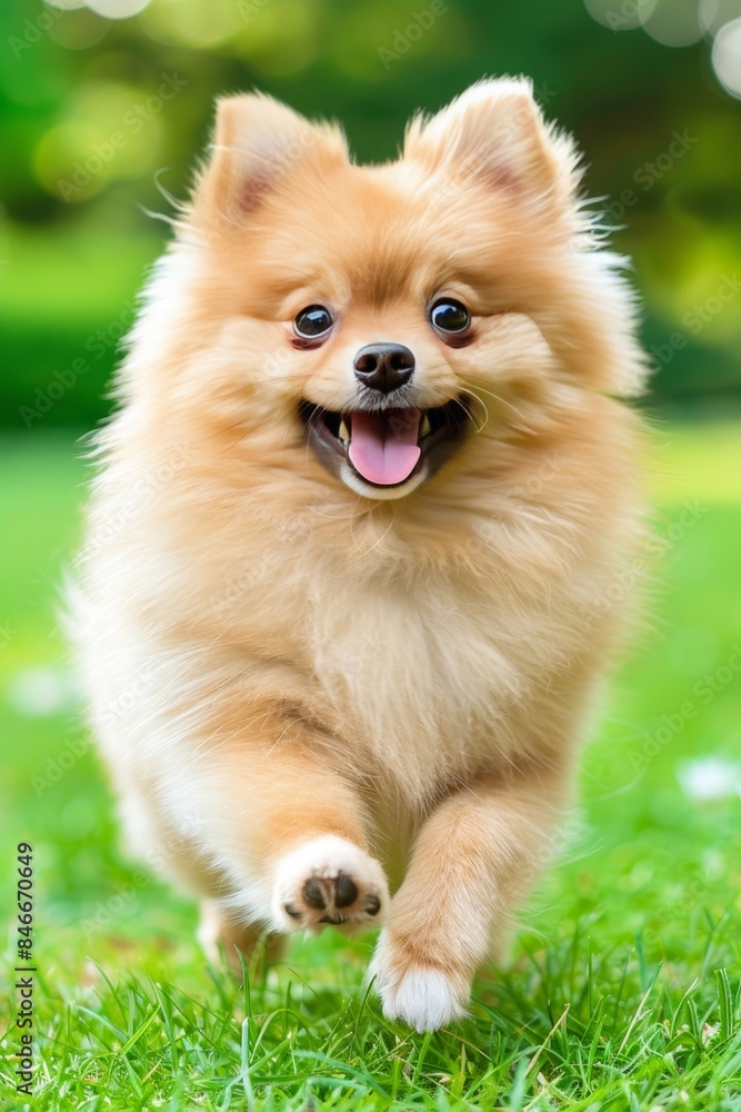 White pomeranian puppy running on green grass minimalist background with space for text White pomeranian puppy running on green grass minimalist background with space for text