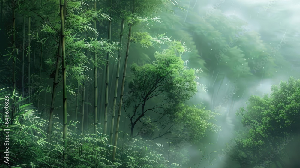 A tranquil bamboo forest shrouded in mist creates a serene and peaceful ambiance, perfect for nature lovers and relaxation seekers. A tranquil bamboo forest shrouded in mist creates a serene and peaceful ambiance, perfect for nature lovers and relaxation seekers.