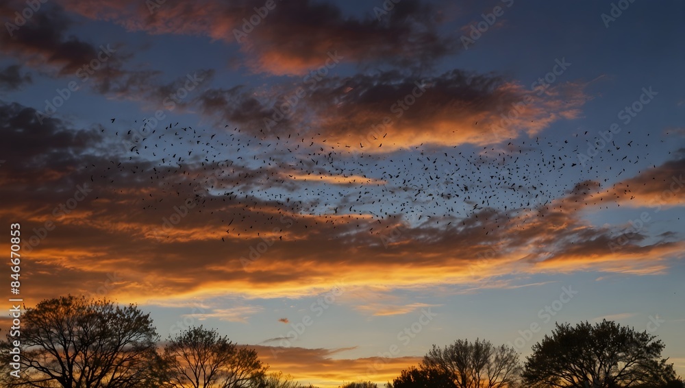 The bittersweet farewell of a migrating bird flock as they depart under the colorful autumn sky ai_generated The bittersweet farewell of a migrating bird flock as they depart under the colorful autumn sky ai_generated
