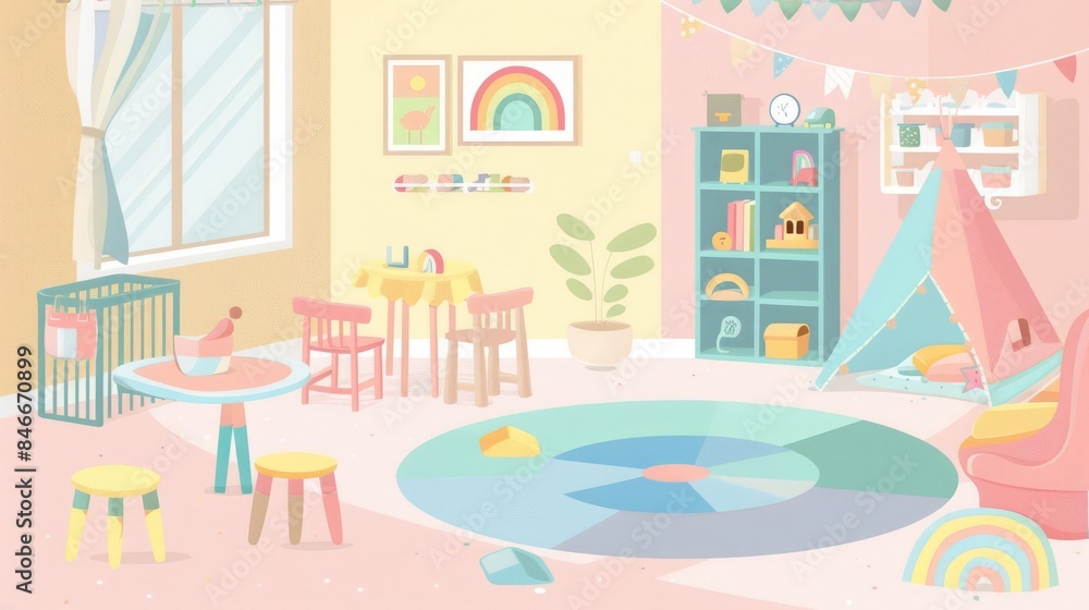 Colorful and playful kids' room with a play tent, toys, and a cheerful decor. Colorful and playful kids' room with a play tent, toys, and a cheerful decor.