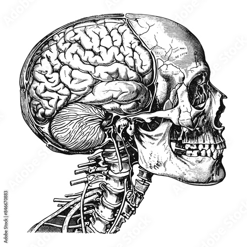 Woodcut illustration of an anatomical human head. Vintage grunge vector design element for artworks, poster, cards, web and collages.