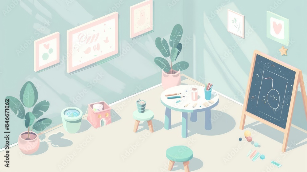 Cozy isometric illustration of an art room with a table, easel, plants, and art supplies. Cozy isometric illustration of an art room with a table, easel, plants, and art supplies.