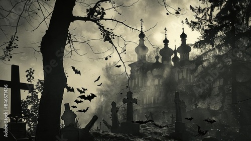Eerie gothic scene with bats, church, fog, and graveyard in monochrome, creating a haunting and mysterious atmosphere.