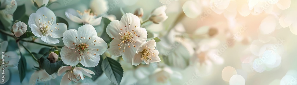 Delicate arrangement of white and green flowers and leaves on a soft pastel background, perfect for elegant invitations and naturethemed designs Delicate arrangement of white and green flowers and leaves on a soft pastel background, perfect for elegant invitations and naturethemed designs