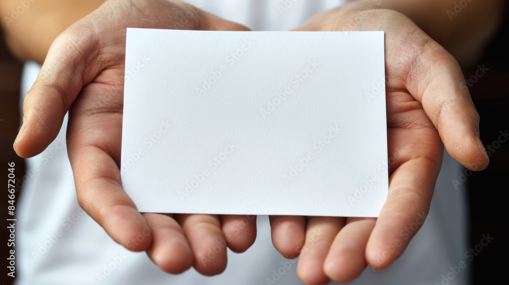 A person is holding a white card in their hands. The card is blank, and the person is holding it up to show it to someone else A person is holding a white card in their hands. The card is blank, and the person is holding it up to show it to someone else