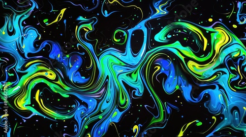 Abstract black background with swirling waves of vibrant color, patterns  in shades of blue, green, yellow, and orange. Generative AI